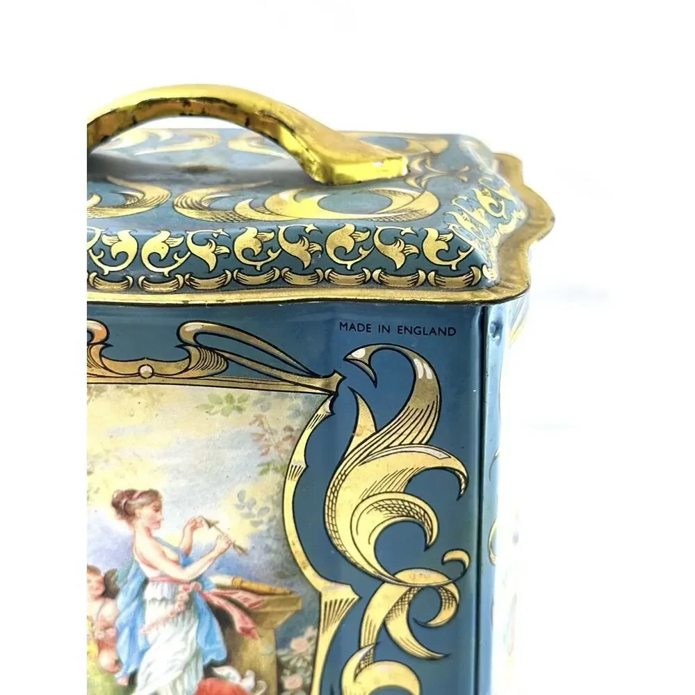 Vintage Ciftea Tea Tin Made in England Blue Gold Victorian Scenes Canister w/Lid